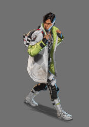 Rule 34 | 1boy, absurdres, apex legends, apex legends mobile, asian, black hair, black shirt, boots, commentary, crypto (apex legends), english commentary, frown, full body, green vest, grey background, highres, looking back, male focus, official art, realistic, shadow, shirt, solo, soojung lee, v-shaped eyebrows, vest, walking, white footwear