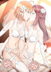 Rule 34 | 2girls, absurdres, ahoge, bed, blush, breasts, bridal veil, bride, couple, curtains, female fertilization, fertilization, flower, hair ornament, heart, highres, impregnation, jewelry, kiss, limelam06, lingerie, long hair, looking at another, love live!, love live! sunshine!!, multiple girls, navel, on bed, orange eyes, orange hair, ovum, red eyes, red hair, ribbon, ring, sakurauchi riko, short hair, takami chika, thighhighs, tongue, tongue out, tribadism, underwear, veil, wedding band, wife and wife, window, yuri