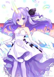 1girl ahoge azur_lane blush dress elbow_gloves feathers female_focus gloves hair_bun halter_dress halterneck horns long_hair nyori pantyhose purple_eyes purple_hair single_hair_bun single_horn solo standing twitter_username unicorn_(azur_lane) white_dress white_gloves white_pantyhose