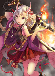 Rule 34 | 1girl, arm behind head, arm up, bad id, bad pixiv id, black socks, breasts, brown eyes, chain, club, club (weapon), fang, fire, floral print, hair ornament, hand up, holding, holding weapon, horns, kanabou, kneehighs, looking at viewer, oni horns, onibahime (sennen sensou aigis), open mouth, red skirt, sennen sensou aigis, sidelocks, skirt, small breasts, smile, socks, solo, tassel, teeth, weapon, white hair, yellow eyes, yoropa