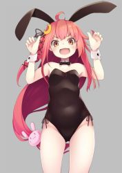 Rule 34 | 1girl, ahoge, animal ears, blush, breasts, crescent, crescent hair ornament, fake animal ears, grey background, hair ornament, hair ribbon, kantai collection, leotard, long hair, low-tied long hair, mofu namako, open mouth, playboy bunny, rabbit, rabbit ears, rabbit hair ornament, red hair, ribbon, simple background, small breasts, solo, uzuki (kancolle), wrist cuffs