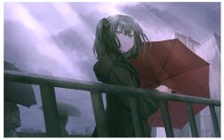 Rule 34 | 1girl, 2others, absurdres, black bow, black hair, black hoodie, border, bow, building, cloud, cloudy sky, expressionless, guard rail, hair bow, highres, holding, holding umbrella, hood, hood down, hoodie, kyano (kyanora3141), light rays, long sleeves, medium hair, multiple others, no nose, original, outdoors, overcast, rain, red umbrella, sky, skyscraper, solo focus, twintails, umbrella, white border, yellow eyes