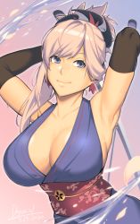 Rule 34 | 1girl, armpits, arms behind head, arms up, artist name, asymmetrical hair, blue eyes, breasts, cleavage, closed mouth, commentary request, detached sleeves, dual wielding, dyun, earrings, elbow gloves, fate/grand order, fate (series), gloves, hair ornament, highres, holding, holding sword, holding weapon, japanese clothes, jewelry, katana, kimono, large breasts, miyamoto musashi (fate), miyamoto musashi (first ascension) (fate), obi, pink hair, ponytail, purple kimono, sash, single sidelock, sleeveless, sleeveless kimono, smile, sweat, swept bangs, sword, weapon