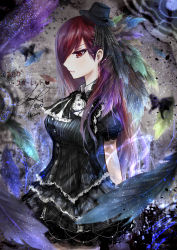 Rule 34 | 1girl, 2014, absurdres, arms behind back, black dress, bug, butterfly, dated, dress, earrings, erza scarlet, fairy tail, feathers, frilled dress, frills, hair over one eye, hat, highres, insect, jewelry, lolita fashion, long hair, mini hat, red eyes, red hair, revision, sanae (jomill04), signature, solo, striped clothes, striped dress, translation request