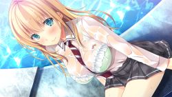 Rule 34 | 1girl, arms at sides, ayase hazuki, between breasts, blonde hair, blush, bow, bow bra, bra, breasts, chobipero, closed mouth, collared shirt, day, diagonal-striped neckwear, dress shirt, embarrassed, eyebrows, female focus, fountain, frilled bra, frills, game cg, green bra, green eyes, grey skirt, hair between eyes, large breasts, legs, long hair, long sleeves, looking at viewer, necktie, necktie between breasts, outdoors, pleated skirt, pool, school uniform, see-through, shirt, sitting, skirt, smile, solo, striped necktie, striped neckwear, thighs, underwear, water, wet, wet clothes, wet shirt, wet skirt, white shirt, yaegashi nene, zannen na ane to no love comedy