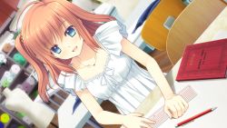 Rule 34 | 1girl, blue eyes, bluette nicolette planquette, blush, book, breasts, chair, dress, dutch angle, eyebrows, game cg, happy, indoors, looking down, nishimata aoi, open mouth, orange hair, otome riron to sonogo no shuuhen: belle &eacute;poque, paper, ruler, short hair, side ponytail, small breasts, smile, solo, standing, suzuhira hiro, table