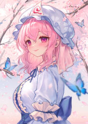 Rule 34 | 1girl, absurdres, animal, blue butterfly, blue hat, blue kimono, blush, bug, butterfly, cherry blossoms, closed mouth, frilled kimono, frills, hair between eyes, hat, highres, insect, japanese clothes, kimono, long sleeves, mob cap, petals, pink eyes, pink hair, qiu ju, saigyouji yuyuko, short hair, sleeve garter, smile, solo, touhou, triangular headpiece, upper body