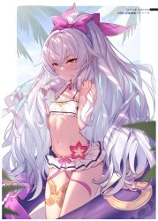 Rule 34 | 1girl, absurdres, bare shoulders, bikini, bikini skirt, blush, bow, bowtie, collarbone, flat chest, frills, granblue fantasy, hair bow, hands up, highres, innertube, jewelry, long hair, looking at viewer, medusa (shingeki no bahamut), medusa (summer) (granblue fantasy), navel, pleated skirt, pointy ears, pout, pouty lips, simple background, skirt, solo, stomach, swim ring, swimsuit, thigh strap, thighs, very long hair, white hair, yellow eyes, yellowpaint.