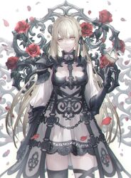 Rule 34 | 1girl, absurdres, armor, armored dress, armored gloves, black thighhighs, blonde hair, blurry, braid, breasts, chain, chromatic aberration, cleavage, closed mouth, depth of field, dress, expressionless, falling petals, flower, hand up, highres, leg ribbon, long hair, looking at viewer, original, ornament, petals, ribbon, rose, rose petals, senano-yu, shoulder pads, single thighhigh, small breasts, solo, standing, thighhighs, white background, yellow eyes