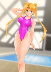 Rule 34 | 1girl, absurdres, arena (company), bishoujo senshi sailor moon, blonde hair, blurry, blurry background, breasts, competition swimsuit, crescent, crescent earrings, earrings, feet out of frame, hair bun, highleg, highleg swimsuit, highres, indoors, jewelry, large breasts, logo, long hair, looking at viewer, nanashi noiji, one-piece swimsuit, pink one-piece swimsuit, pool, rei no pool, smile, solo, standing, swimsuit, tsukino usagi, twintails
