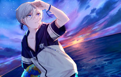 Rule 34 | 1boy, blue eyes, csyday, dutch angle, earth (planet), fate/grand order, fate (series), grey hair, hair between eyes, horizon, jacket, looking away, male focus, ocean, planet, prince of lan ling (fate), prince of lan ling (festival outfit) (fate), shading eyes, short ponytail, skky, solo, sunset, wristband