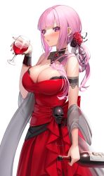 Rule 34 | alcohol, bare shoulders, bottle, breasts, cleavage, cup, dress, drinking glass, flower, hair flower, hair ornament, highres, hololive, hololive english, large breasts, looking at viewer, mori calliope, mori calliope (party dress), pink eyes, pink hair, red dress, see-through, skull, solo, suraimu (suraimuraimu), virtual youtuber, wine, wine bottle, wine glass, yagoo