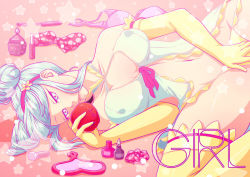 Rule 34 | 1girl, apple, bare shoulders, blue eyes, blue hair, breasts, elbow gloves, covered erect nipples, food, fruit, girl (anime expo), gloves, hairband, kami-sama (girl), kiraelart, large breasts, makeup, me!me!me!, mirror, nightgown, thighhighs, twintails