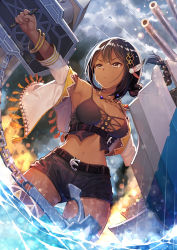Rule 34 | 1girl, aircraft, airplane, anchor, arm up, armpits, azur lane, bare shoulders, belt, black hair, braid, breasts, brown eyes, camisole, chain, cleavage, cloud, cloudy sky, commentary request, crop top, dark-skinned female, dark skin, detached sleeves, feather hair ornament, feathers, hair between eyes, hair ornament, jewelry, kibanda gohan, large breasts, long hair, machinery, midriff, native american, navel, necklace, ocean, shorts, sky, solo, south dakota (azur lane), thighhighs, turret, white thighhighs