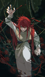 Rule 34 | 1boy, flower, green eyes, highres, k00s, kurama (yu yu hakusho), long hair, looking at viewer, male focus, open hand, pants, parted lips, plant, red flower, red hair, red rose, rose, shirt, solo, thorns, vines, white pants, white shirt, yellow shirt, yuu yuu hakusho