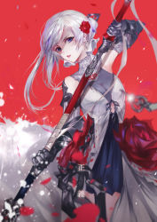 Rule 34 | 1girl, blood, blue eyes, breasts, cleavage, commentary request, dress, floating, flower, gauntlets, gloves, hair flower, hair ornament, highres, holding, holding polearm, holding weapon, long hair, looking at viewer, medium breasts, parted lips, petals, polearm, ponytail, princess, rose, silver hair, simple background, sinoalice, snow white (sinoalice), solo, vardan, weapon, white dress