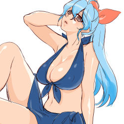 Rule 34 | 1girl, alternate hairstyle, bikini, blue bikini, blue hair, bow, breasts, cleavage, female focus, front-tie top, hair bow, halterneck, kamishirasawa keine, large breasts, long hair, navel, parted lips, ponytail, sitting, sketch, solo, swimsuit, touhou, white background, yumiya