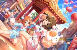 Rule 34 | 2boys, 6+girls, :3, abe nana, bare legs, blue dress, blush, breasts, brown eyes, brown hair, bun cover, character request, check character, china dress, chinese clothes, day, dress, dutch angle, fang, floral print, foreshortening, game cg, green eyes, hair ornament, hand up, holding, idolmaster, idolmaster cinderella girls, idolmaster cinderella girls starlight stage, legs, lens flare, long hair, long sleeves, looking at viewer, maekawa miku, medium hair, multiple boys, multiple girls, official art, one eye closed, open mouth, outdoors, outstretched arm, parted bangs, paw pose, pink dress, pom pom (clothes), pom pom hair ornament, print dress, shadow, short dress, small breasts, squatting, swept bangs, thighs, tile floor, tiles