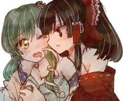 Rule 34 | 2girls, assisted exposure, bad id, bad pixiv id, black eyes, black hair, bow, bra, grabbing another&#039;s breast, commentary, eye contact, frog hair ornament, grabbing, green hair, hair bow, hair ornament, hair tubes, hakurei reimu, highres, kochiya sanae, long hair, looking at another, multiple girls, open mouth, simple background, snake hair ornament, touhou, udonko, underwear, wavy mouth, white background, wince, yellow eyes, yuri