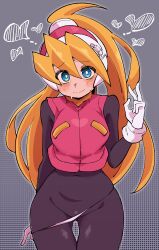 1girl absurdres blonde_hair blue_eyes blush bodysuit buzzlyears ciel_(mega_man) gloves headgear heart helmet high_ponytail highres long_hair looking_at_viewer mega_man_(series) mega_man_zero_(series) panties panty_pull ponytail pulling_own_clothes solo sweatdrop underwear very_long_hair white_gloves