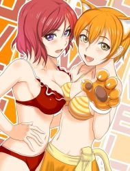 Rule 34 | 10s, 2girls, :d, animal ears, animal hands, bikini, blush, breast press, breasts, cleavage, fang, gloves, hand on another&#039;s shoulder, hand on own hip, highres, hoshizora rin, looking at viewer, love live!, love live! school idol festival, love live! school idol project, medium breasts, multiple girls, navel, nishikino maki, open mouth, orange hair, oretoreon, paw gloves, purple eyes, red bikini, red hair, smile, striped bikini, striped clothes, swimsuit, symmetrical docking