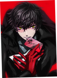 Rule 34 | 10s, 1boy, amamiya ren, black hair, gloves, hair between eyes, holding, holding mask, hyakutaroh, looking at viewer, male focus, mask, parted lips, persona, persona 5, red background, red gloves, smile, yellow eyes