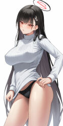 Rule 34 | 1girl, absurdres, black hair, black panties, blue archive, blunt bangs, blush, breasts, cowboy shot, hair ornament, hairclip, halo, highres, large breasts, long hair, looking at viewer, no pants, panties, parted lips, red eyes, rio (blue archive), simple background, solo, sweater, thighs, turtleneck, turtleneck sweater, underwear, v-shaped eyebrows, very long hair, white background, white sweater, yj (yojo san)