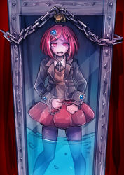 Rule 34 | 1girl, absurdres, alternate universe, beige cardigan, black suit, box, cardigan, chain, crying, crying with eyes open, cuffs, danganronpa (series), danganronpa v3: killing harmony, feet out of frame, glass block wall, hair ornament, handcuffs, highres, lock, red eyes, red hair, red skirt, riyuta, school uniform, skirt, solo, suit, tearing up, tears, water, yumeno himiko