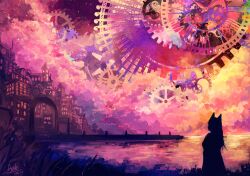 Rule 34 | 1girl, animal ears, axleaki, building, chinese commentary, city, clock, clockwork, cloud, cloudy sky, colorful, commentary request, dated, facing away, fantasy, gears, highres, long hair, night, night sky, original, outdoors, scenery, signature, silhouette, sky, sky focus, solo, steampunk, twilight, water