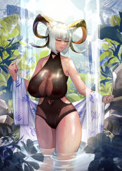 Rule 34 | 1girl, absurdres, alternate breast size, animal ears, arknights, bare shoulders, black one-piece swimsuit, blush, breasts, carnelian (arknights), carnelian (shimmering dew) (arknights), casual one-piece swimsuit, closed eyes, collarbone, covered navel, dark-skinned female, dark skin, day, goat ears, goat girl, goat horns, grey hair, highres, horns, huge breasts, nipples, official alternate costume, one-piece swimsuit, outdoors, parted lips, plant, rock, see-through, short hair, solo, standing, swimsuit, thighs, wading, water, zhait007