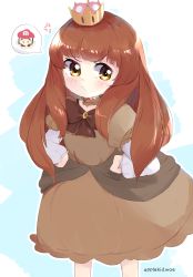 Rule 34 | 1girl, anger vein, black bow, blunt bangs, blush, bow, brooch, brown dress, brown hair, child, collar, commentary request, crown, detached collar, dress, frilled collar, frilled sleeves, frills, goomba, hands on own hips, highres, jewelry, layered sleeves, long hair, long sleeves, looking at viewer, mario, mario (series), new super mario bros. u deluxe, nintendo, personification, pout, princess, puffy short sleeves, puffy sleeves, ringosutta, short over long sleeves, short sleeves, simple background, solo, speech bubble, spoken character, super crown, v-shaped eyebrows, white background, white sleeves, yellow eyes