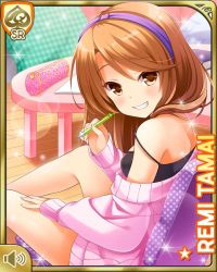 Rule 34 | 1girl, bare legs, barefoot, black bra, bow, bra, brown eyes, brown hair, card (medium), closed mouth, couch, day, girlfriend (kari), headband, indoors, looking at viewer, low twintails, official art, pink sweater, purple headband, qp:flapper, smile, solo, studying, sweater, tagme, tamai remi, tanabata, twintails, underwear