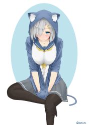 Rule 34 | 1girl, absurdres, alternate costume, animal ears, animal hood, blue eyes, blue hoodie, blush, breasts, cat hood, collarbone, embarrassed, fake animal ears, fake tail, grey skirt, hair ornament, hair over one eye, hairclip, hamakaze (kancolle), hands in pockets, highres, hood, hoodie, kantai collection, large breasts, pantyhose, rinto (ronto66), short hair, silver hair, simple background, skirt, solo, tail, twitter username, white background