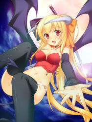 Rule 34 | 1girl, 47agdragon, arm behind head, bat wings, black thighhighs, blonde hair, bow, breasts, bustier, collar, demon girl, demon tail, detached sleeves, fang, full moon, hair bow, horns, katana, long hair, looking at viewer, moon, navel, night, night sky, o-ring, o-ring bottom, open mouth, original, outstretched hand, panties, pink panties, red eyes, sky, solo, sword, tail, thighhighs, underwear, very long hair, weapon, wings