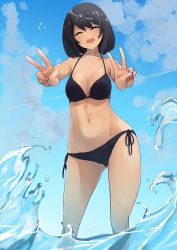 Rule 34 | 1girl, bikini, black bikini, black hair, blue sky, bob cut, breasts, closed eyes, cloud, commentary request, commission, dark-skinned female, dark skin, double v, facing viewer, girls und panzer, halterneck, highres, hoshino (girls und panzer), kakimoto nao, medium breasts, navel, open mouth, partial commentary, pixiv commission, short hair, side-tie bikini bottom, sky, smile, solo, standing, swimsuit, v, wading, water, waves