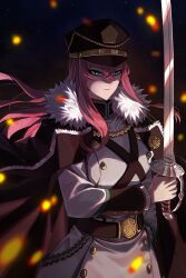 Rule 34 | 1girl, absurdres, black capelet, black clover, black clover: sword of the wizard king, capelet, closed mouth, crossed bangs, embers, fur-trimmed capelet, fur trim, green eyes, grey jacket, hair between eyes, hat, highres, holding, holding sword, holding weapon, jacket, long hair, military hat, military uniform, pink hair, prayudi555, princia funnybunny, serious, solo, sword, uniform, weapon