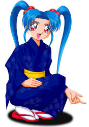 Rule 34 | blue hair, japanese clothes, kimono, kneeling, long hair, masaki sasami jurai, pink eyes, shadow, simple background, smile, tenchi muyou!, twintails, yukata