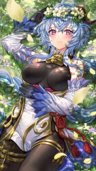 Rule 34 | 1girl, absurdres, ahoge, bare shoulders, bell, black gloves, black pantyhose, blue hair, blush, bodystocking, breasts, detached sleeves, double-parted bangs, flower wreath, ganyu (genshin impact), genshin impact, gloves, gold trim, hair between eyes, hand on own head, head wreath, highres, horns, long hair, long sleeves, looking at viewer, lying, neck bell, nyamaso, on back, on grass, pantyhose, pelvic curtain, purple eyes, smile, solo, twitter username