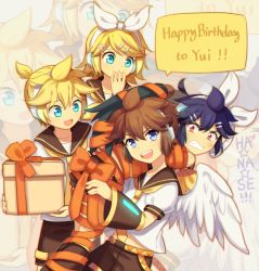 Rule 34 | 1girl, 3boys, angel wings, aqua eyes, belt, blonde hair, blue eyes, bound, brother and sister, brown hair, carrying, clenched teeth, cosplay, crossover, dark pit, dual persona, gift, hair ornament, hairclip, hand to own mouth, happy birthday, headphones, kagamine len, kagamine len (cosplay), kagamine rin, kagamine rin (cosplay), kid icarus, kid icarus uprising, multiple boys, nintendo, open mouth, orange ribbon, pit (kid icarus), purple hair, red eyes, ribbon, sailor collar, shorts, shoulder carry, siblings, smile, star (symbol), teeth, twins, vocaloid, wings, wusagi2, zoom layer