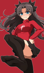 Rule 34 | 1girl, angry, black hair, black skirt, black thighhighs, blue eyes, blush, breasts, clenched hand, clenched teeth, fate/stay night, fate (series), feet, female focus, hair ribbon, hand on own hip, highres, legs, long hair, long sleeves, looking at viewer, looking down, nel-c, pleated skirt, red background, red sweater, ribbon, simple background, skin tight, skindentation, skirt, solo, standing, standing on one leg, sweater, teeth, thighhighs, toes, tohsaka rin, turtleneck, twintails, two side up, v-shaped eyebrows