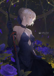 Rule 34 | 1girl, artoria pendragon (all), artoria pendragon (fate), bare shoulders, black dress, black gloves, black ribbon, blonde hair, braid, character name, closed mouth, collarbone, commentary request, constellation, copyright name, dress, echosdoodle, elbow gloves, excalibur morgan (fate), fate/grand order, fate/stay night, fate (series), flower, gloves, hair between eyes, hair bun, hair ribbon, halterneck, holding, holding sword, holding weapon, looking away, petals, profile, purple flower, rain, revision, ribbon, saber alter, single hair bun, sleeveless, sleeveless dress, solo, sword, weapon, yellow eyes