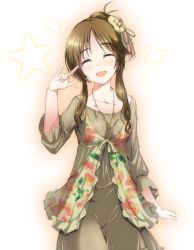 Rule 34 | 10s, 1girl, brown hair, dress, closed eyes, hair ornament, idolmaster, idolmaster cinderella girls, jewelry, ment, necklace, open mouth, smile, solo, takamori aiko