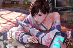 Rule 34 | 1girl, absurdres, bed, bedroom, blue eyes, bra, bra peek, bra strap, brown hair, candy, cellphone, cellphone photo, chocolate, chocolate heart, cup, drinking glass, earrings, food, heart, highres, holding, holding phone, jewelry, lips, looking at viewer, maeko (pixiv17012595), necklace, nose, off shoulder, original, phone, pov, pov hands, short hair, sleeves past wrists, smartphone, solo focus, sweater, table, television, text messaging, translation request, underwear