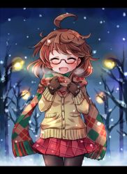 1girl :d ^_^ ahoge black_pantyhose blush brown_gloves brown_hair cardigan closed_eyes female_focus glasses gloves lamppost messy_hair open_mouth pantyhose plaid_clothes plaid_skirt pleated_skirt pote_(ptkan) red-framed_eyewear scarf semi-rimless_eyewear skirt smile snow snowing solo touhou under-rim_eyewear usami_sumireko