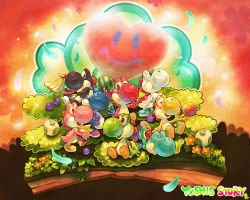 Rule 34 | apple, banana, book, colorful, copyright name, egg, flower, food, fruit, grapes, heart, holding, holding food, holding fruit, mario (series), nintendo, no humans, smile, sui (petit comet), super happy tree, tree, watermelon, yoshi, yoshi&#039;s story