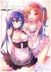 Rule 34 | 2girls, :d, apron, bare arms, bare shoulders, black dress, blue hair, blush, breasts, cleavage, closed mouth, collarbone, commentary request, cup, detached sleeves, dress, drinking glass, hair between eyes, holding, holding tray, kneeling, long hair, looking at viewer, maid, maid apron, maid headdress, md5 mismatch, medium breasts, multiple girls, one side up, open mouth, orange eyes, orange hair, phantasy star, phantasy star online 2, pink dress, quna (pso2), racket ti1, resolution mismatch, sidelocks, sitting, sleeveless, sleeveless dress, smile, source larger, thighs, tray, very long hair, wine glass