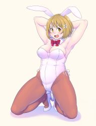 Rule 34 | 1girl, animal ears, armpits, arms behind head, arms up, bare shoulders, blush, breasts, brown eyes, brown hair, brown pantyhose, cleavage, empty eyes, fake animal ears, highres, hypnosis, idolmaster, kneeling, large breasts, leotard, mimura kanako, mind control, oku (okumen), open mouth, pantyhose, playboy bunny, plump, rabbit ears, short hair, smile, solo, spread legs, thick thighs, thighs