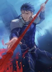 Rule 34 | 1boy, armor, blue bodysuit, blue hair, bodysuit, commentary request, covered abs, cu chulainn (fate), earrings, elizabeth tower, fate/stay night, fate (series), gae bolg (fate), grin, highres, holding, holding spear, holding weapon, jewelry, cu chulainn (fate/stay night), long hair, male focus, mondi hl, one eye closed, polearm, ponytail, red eyes, smile, solo, spear, teeth, weapon
