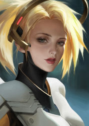 Rule 34 | 1girl, blonde hair, blue eyes, bodysuit, breasts, close-up, commentary, eyelashes, halo, highres, lips, lipstick, looking at viewer, makeup, mechanical halo, medium breasts, mercy (overwatch), nose, overwatch, overwatch 1, parted lips, red lips, short hair, solo, teeth, white bodysuit, y xun