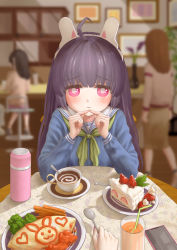Rule 34 | 1other, 3girls, animal ears, bad id, bad pixiv id, black hair, blue archive, blue shirt, blurry, blurry background, brown hair, cake, cake slice, cellphone, closed mouth, coffee, coffee cup, cup, disposable cup, drinking straw, eastadraw2020, fake animal ears, food, glass, headband, highres, holding, holding spoon, indoors, juice, long sleeves, looking at viewer, miyu (blue archive), multiple girls, omelet, omurice, orange juice, phone, pink eyes, plate, purple hair, rabbit ears, restaurant, school uniform, sensei (blue archive), shirt, spoon, strawberry shortcake, table, uniform